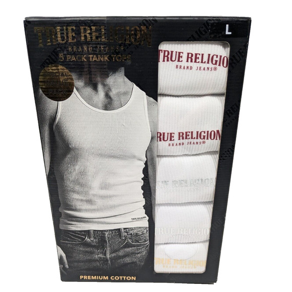 True Religion 5 Pack Tank Tops Men Size Large White Premium Cotton Under Shirts - Picture 1 of 5